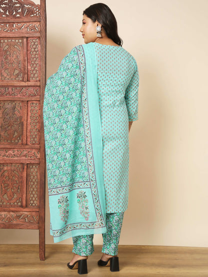 Turquoise Cotton Straight Kurta Set