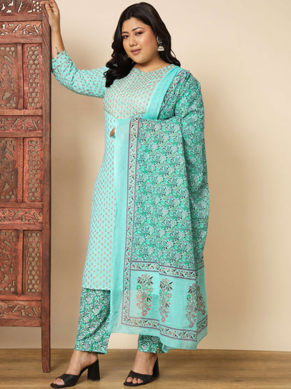 Turquoise Cotton Straight Kurta Set