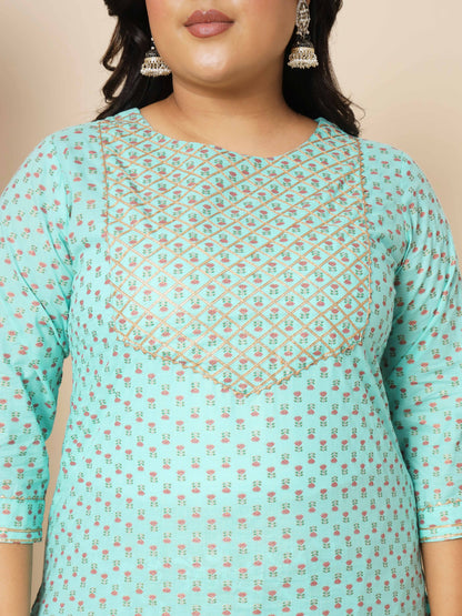 Turquoise Cotton Straight Kurta Set