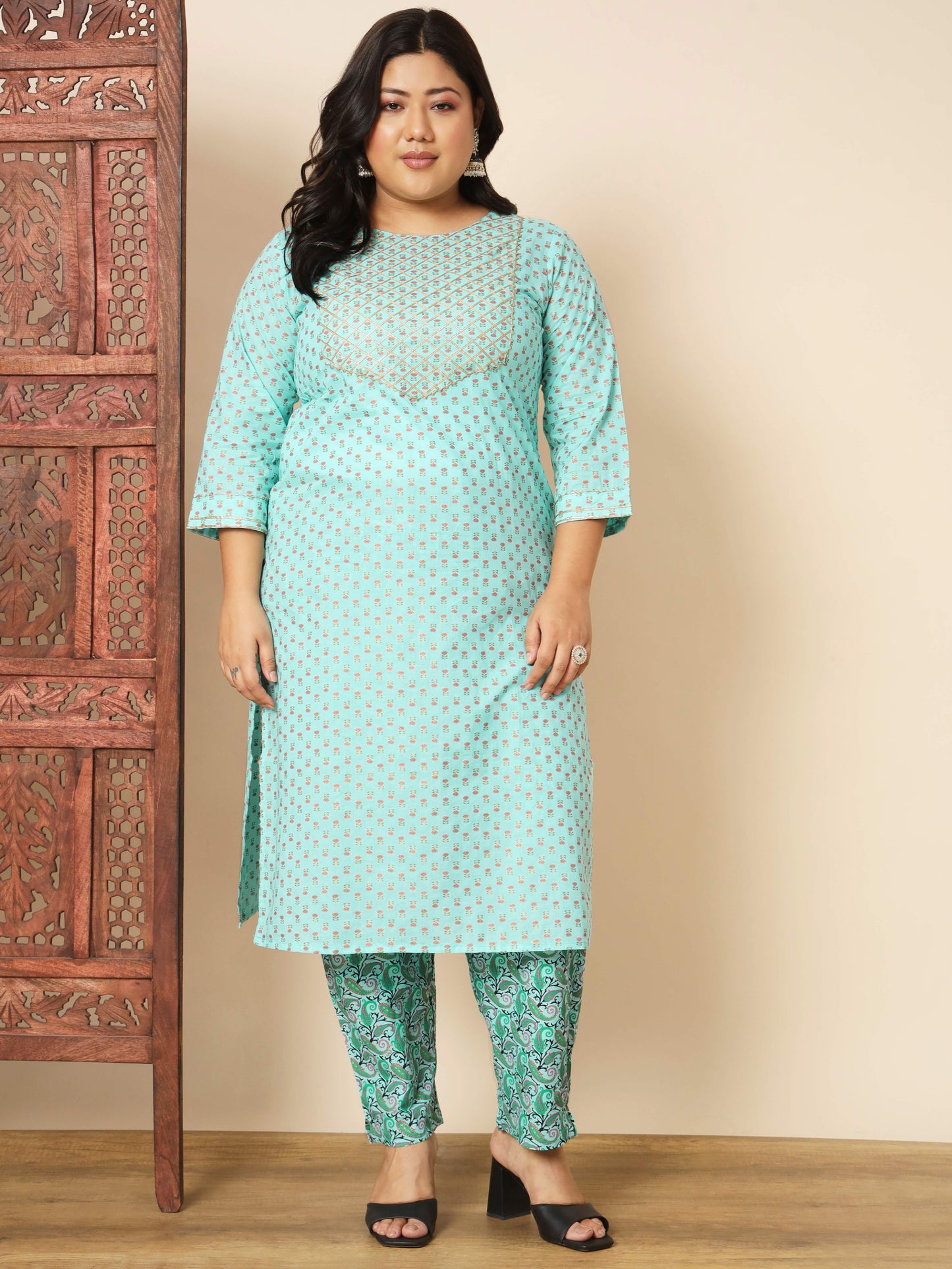 Turquoise Cotton Straight Kurta Set