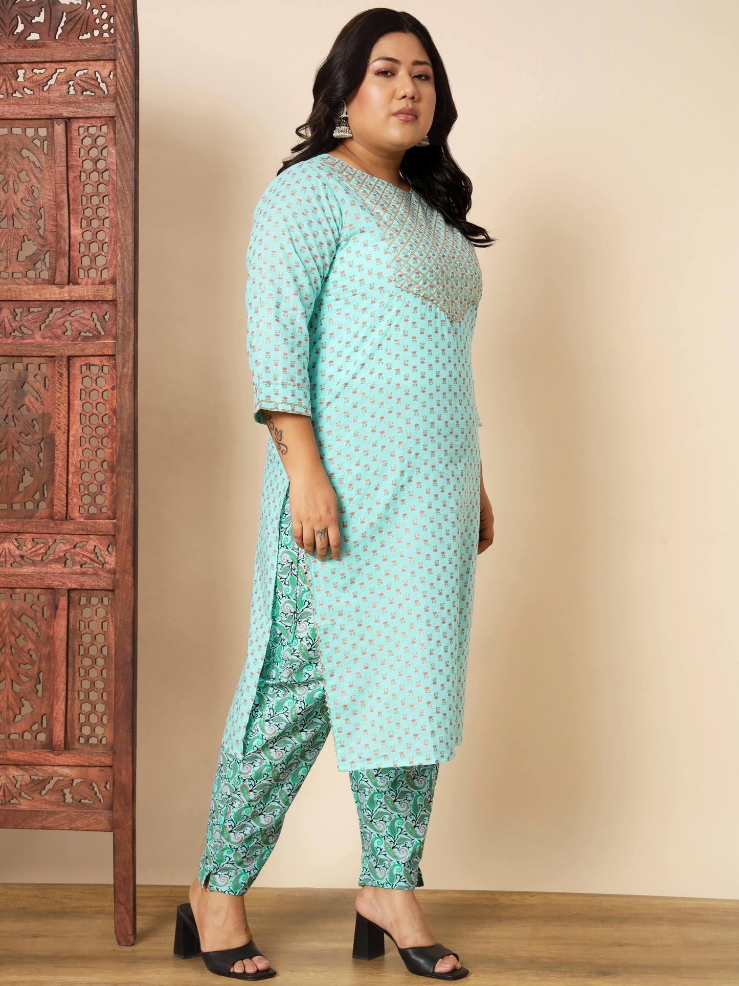 Turquoise Cotton Straight Kurta Set