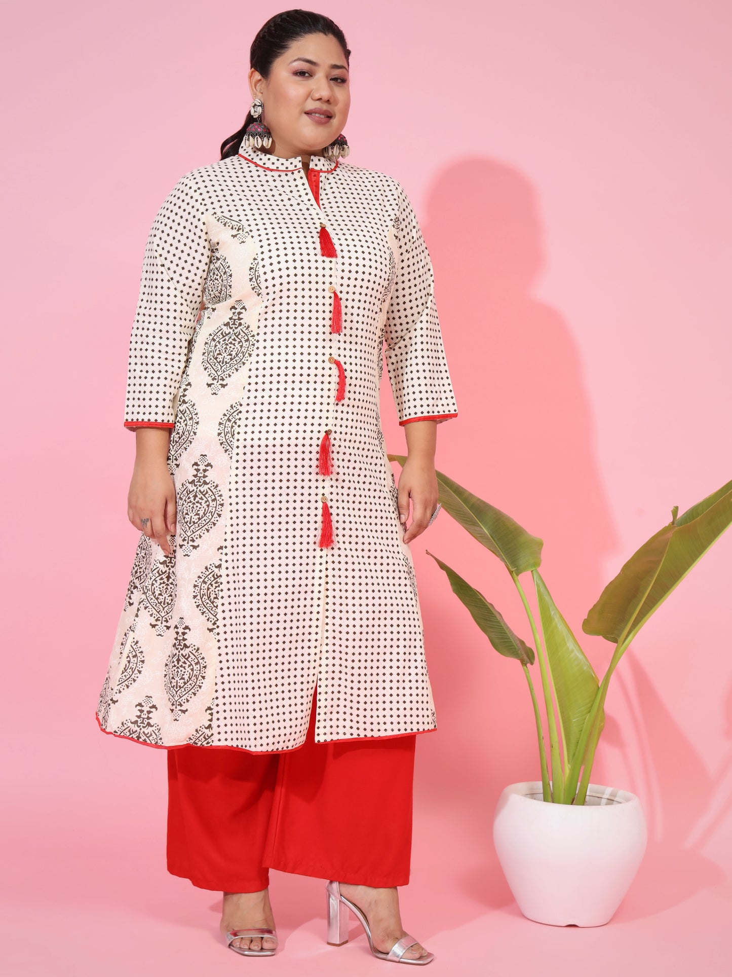 Beige Cotton A-Line Kurti