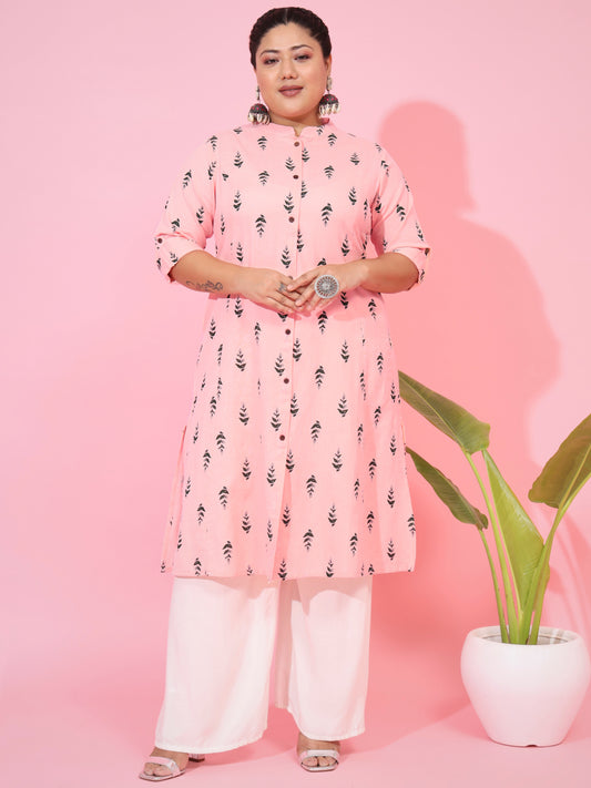 Pink Cotton Flex Printed A-Line Kurta