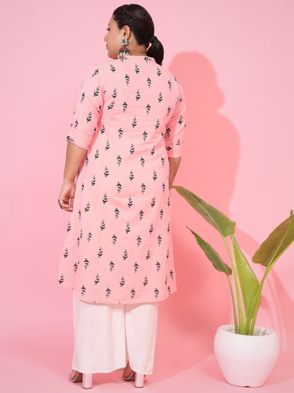 Pink Cotton Flex Printed A-Line Kurta