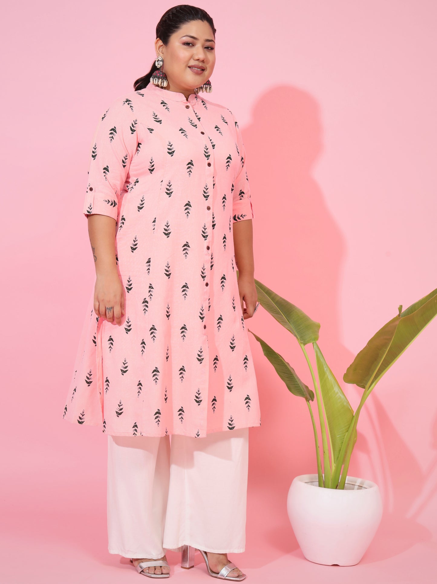 Pink Cotton Flex Printed A-Line Kurta