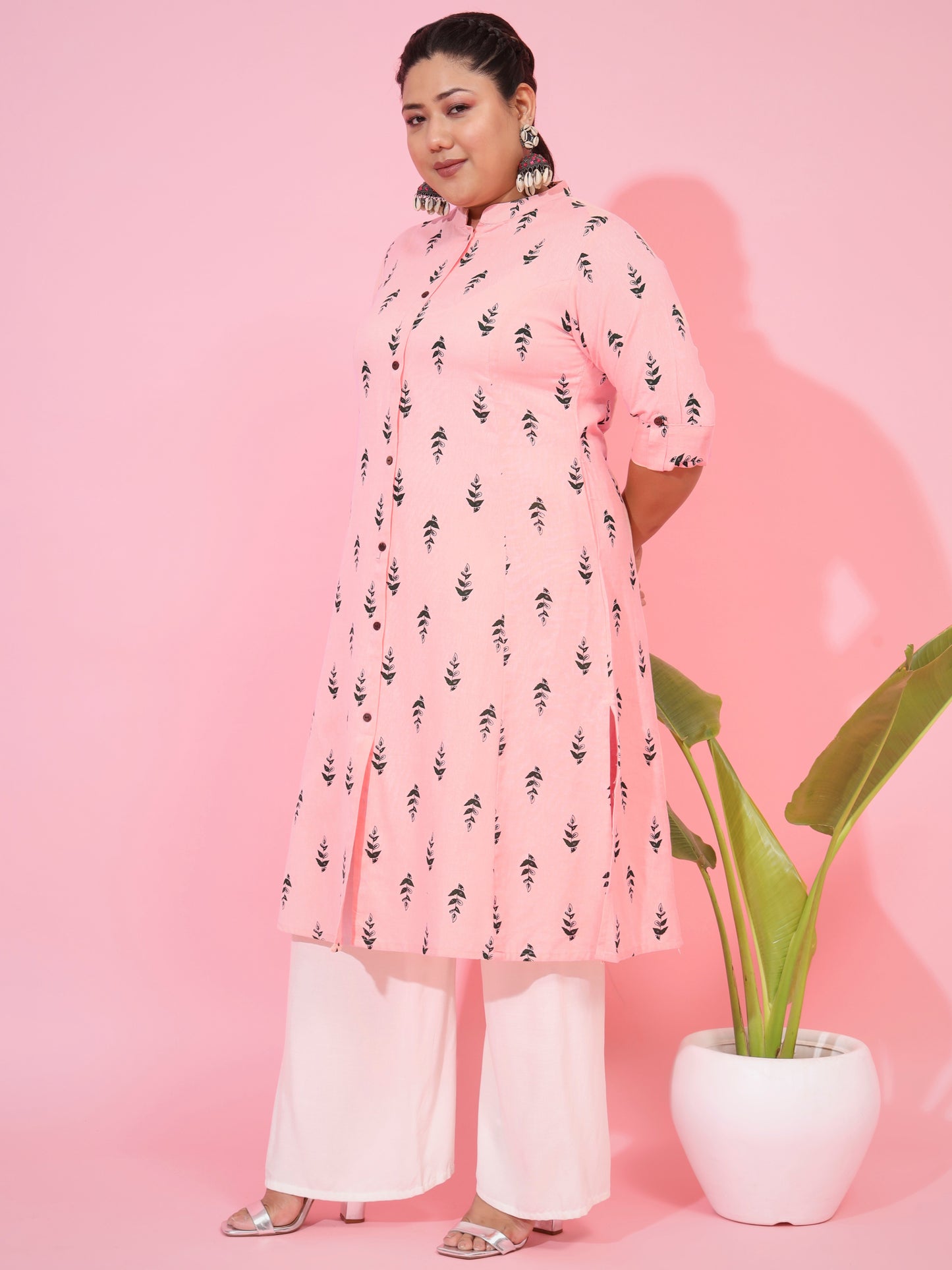 Pink Cotton Flex Printed A-Line Kurta