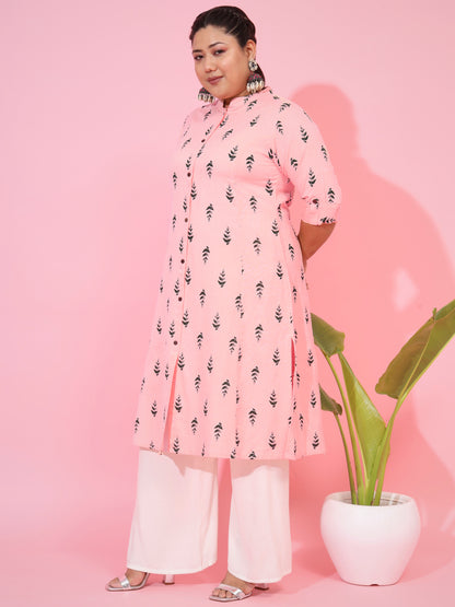 Pink Cotton Flex Printed A-Line Kurta