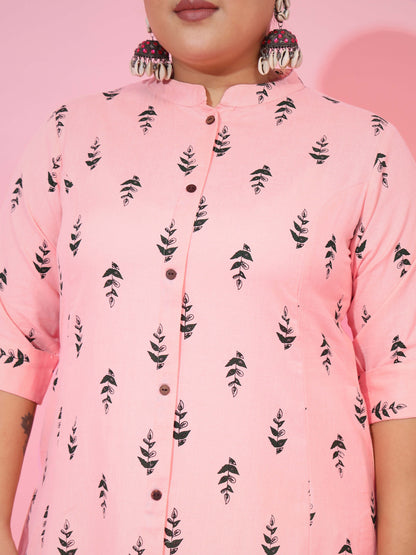 Pink Cotton Flex Printed A-Line Kurta