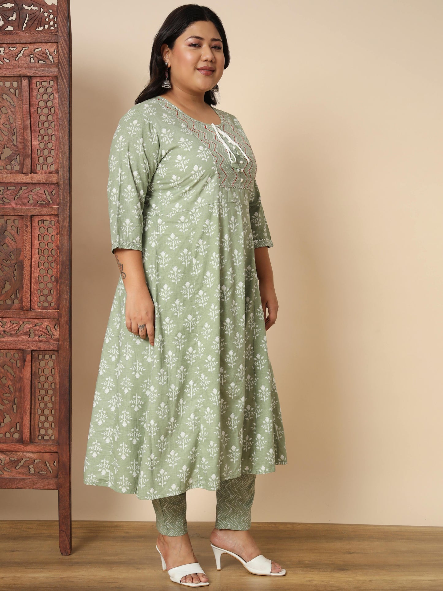 Pista Cotton Anarkali Kurta Set