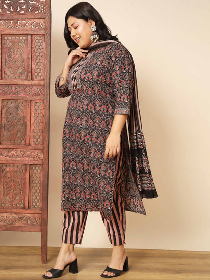 Brown Cotton Straight Kurta Set