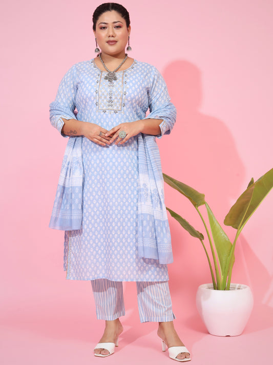 Sky blue Cotton Straight Kurta Set