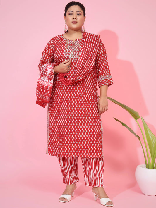 Red Cotton Straight Kurta Set