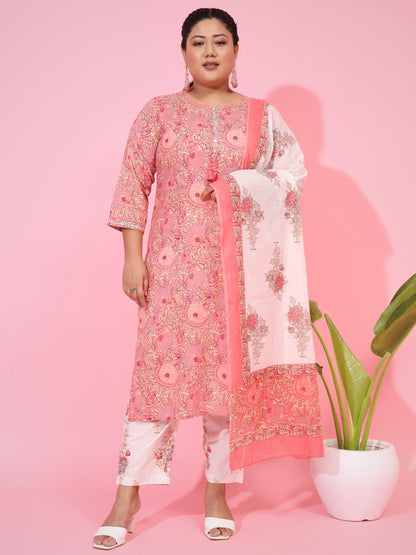 Pink Cotton Straight Kurta Set