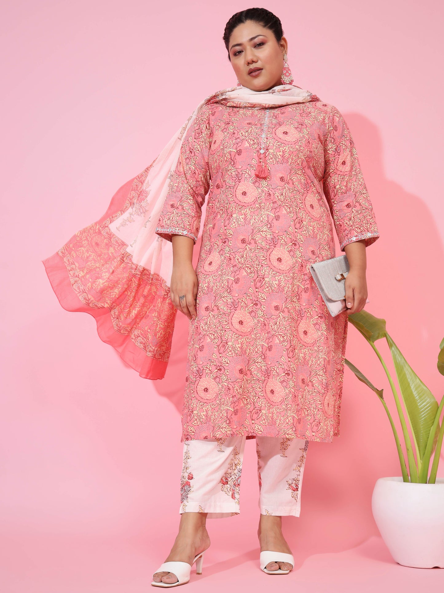 Pink Cotton Straight Kurta Set