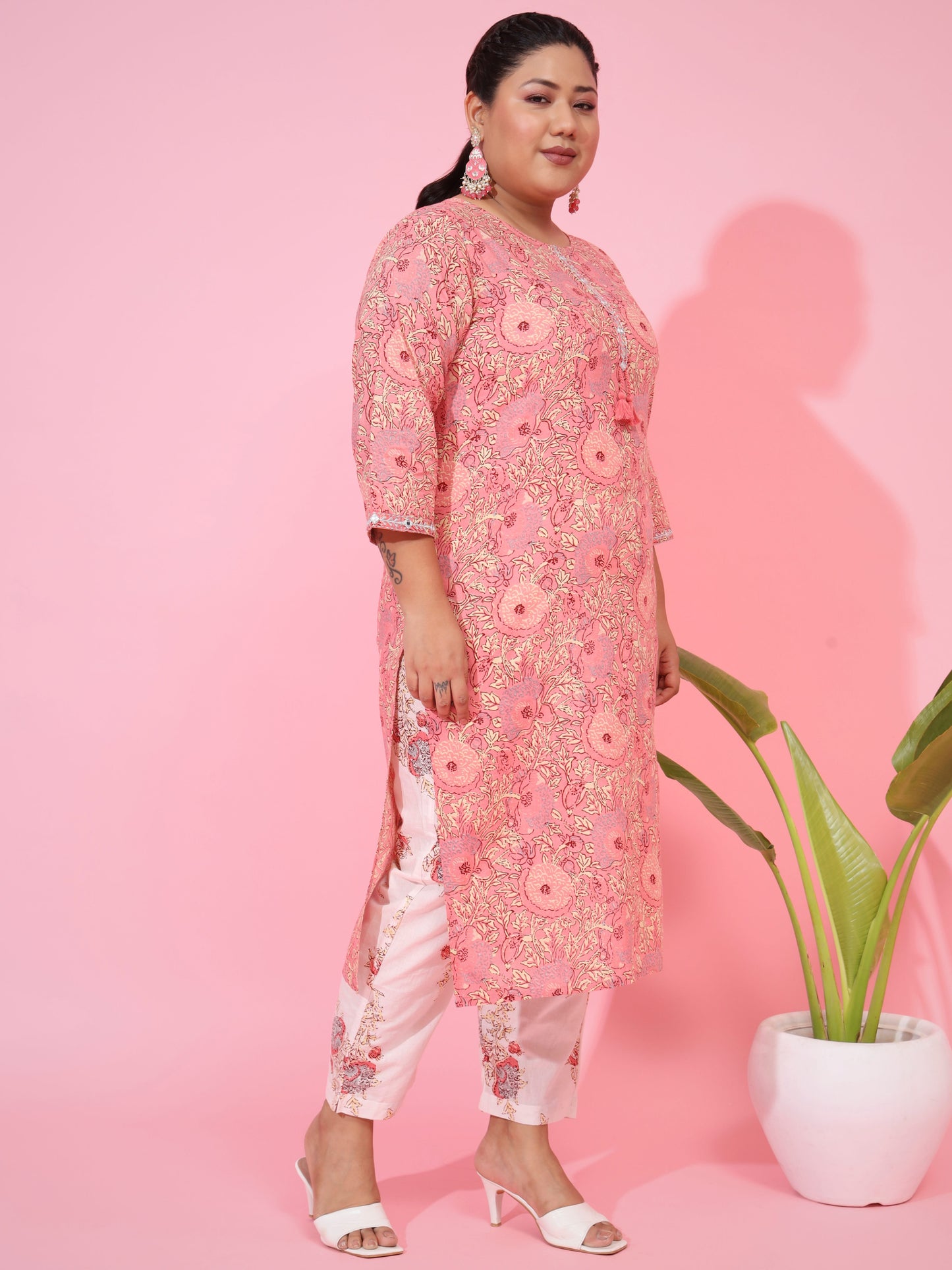 Pink Cotton Straight Kurta Set