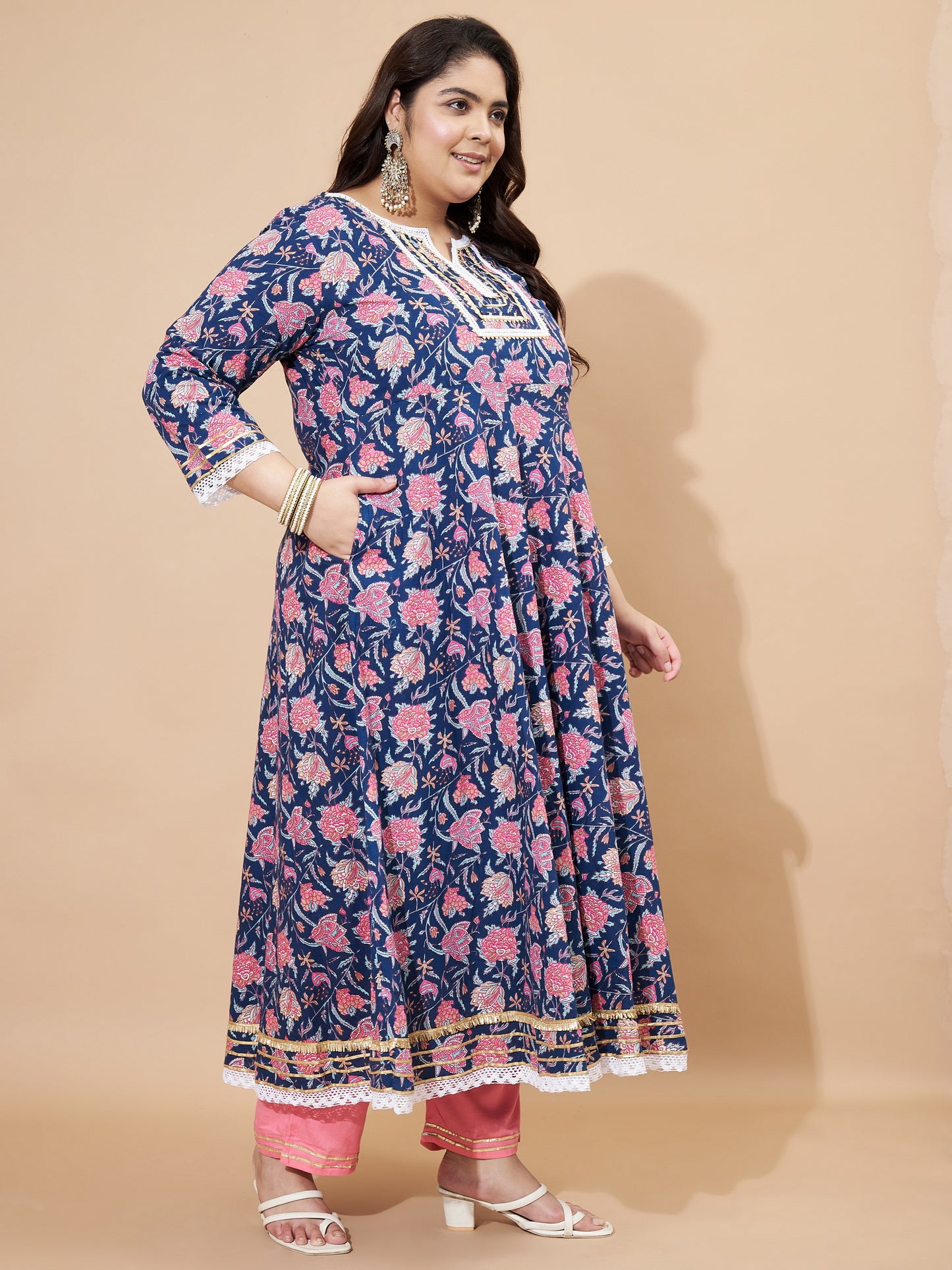 Blue Floral Printed Anarkali Cotton Stitched Kurta Set