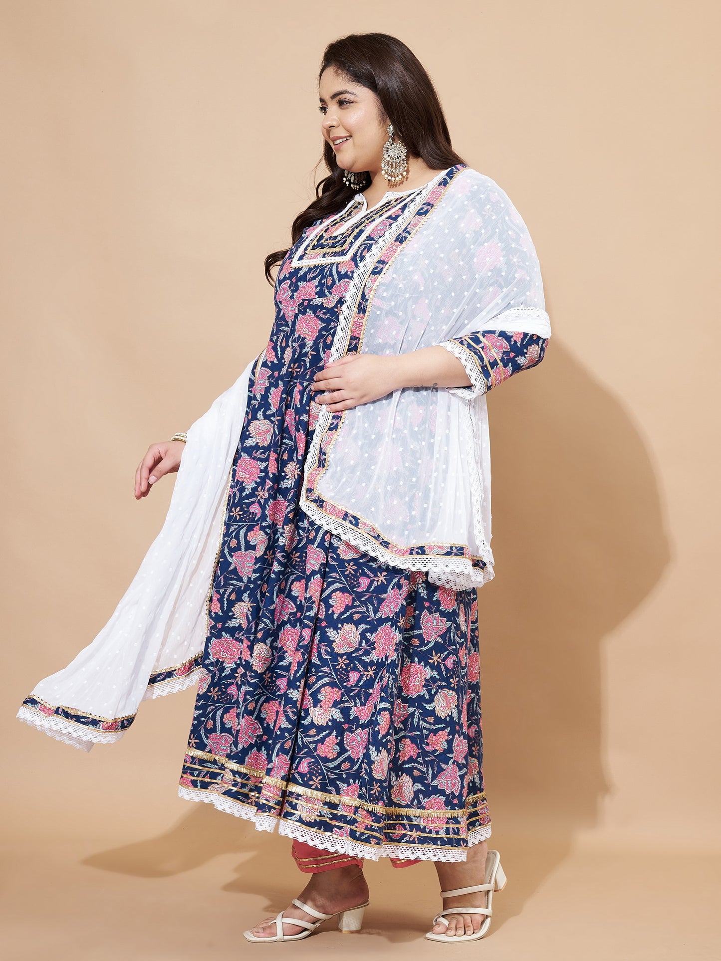 Blue Floral Printed Anarkali Cotton Stitched Kurta Set