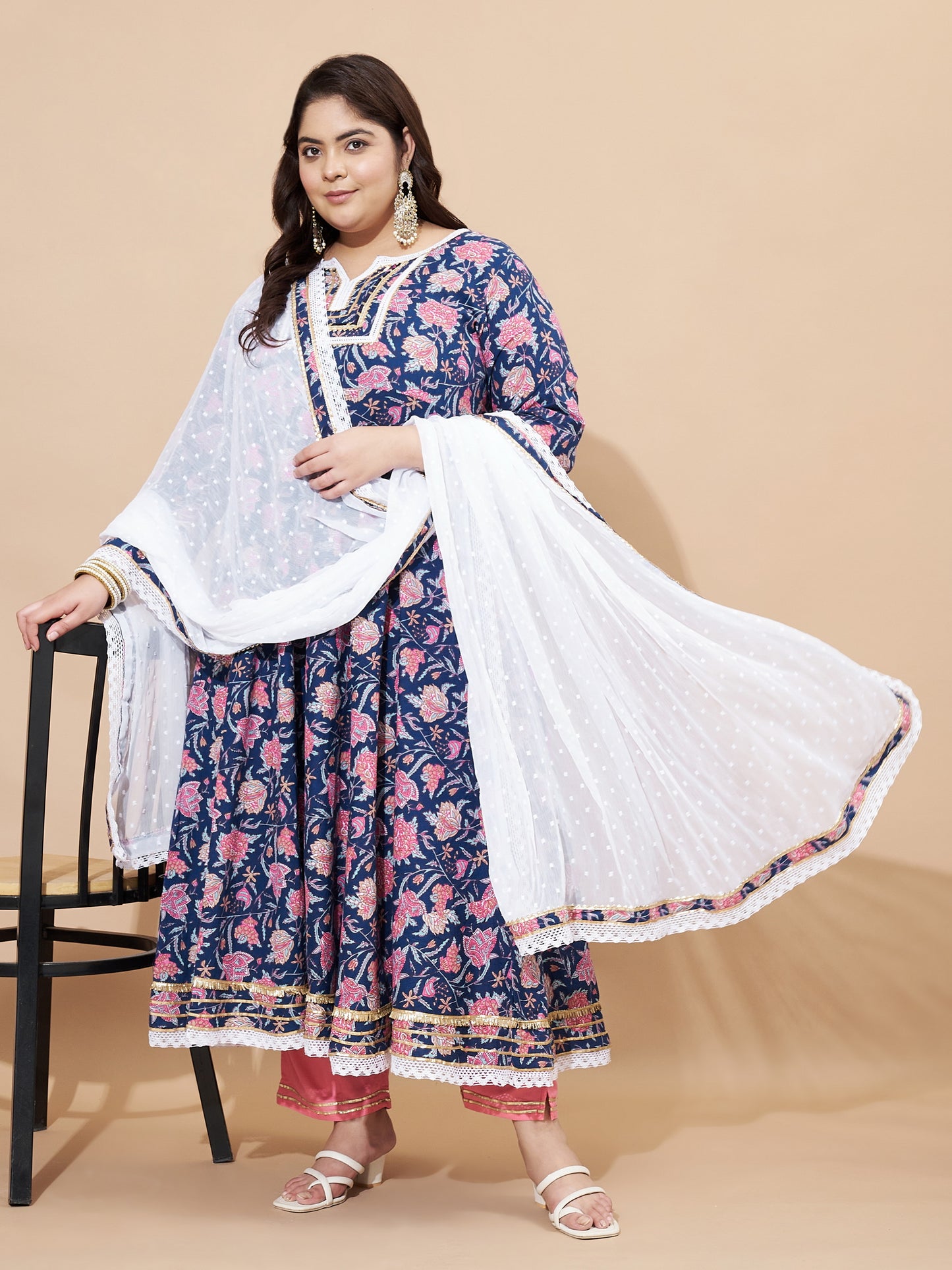 Blue Floral Printed Anarkali Cotton Stitched Kurta Set