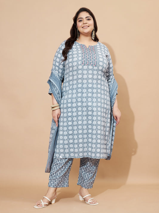 Grey Cotton Printed Straight Stitched Kurta Set