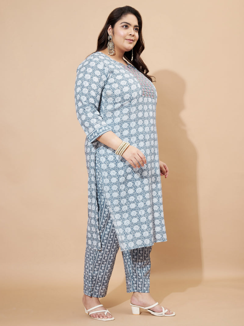 Grey Cotton Printed Straight Stitched Kurta Set