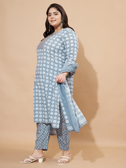 Grey Cotton Printed Straight Stitched Kurta Set