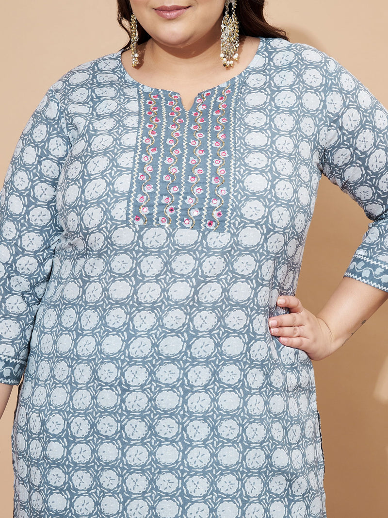 Grey Cotton Printed Straight Stitched Kurta Set