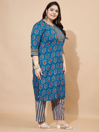 Blue Sequience & Hand Work Cotton Straight Kurta Set