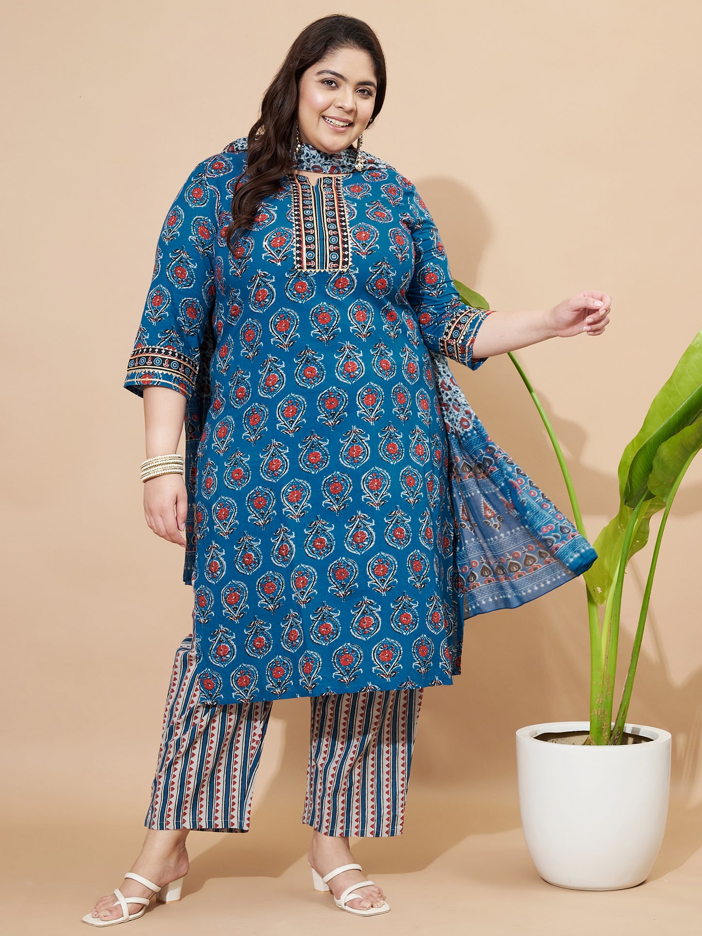 Blue Sequience & Hand Work Cotton Straight Kurta Set