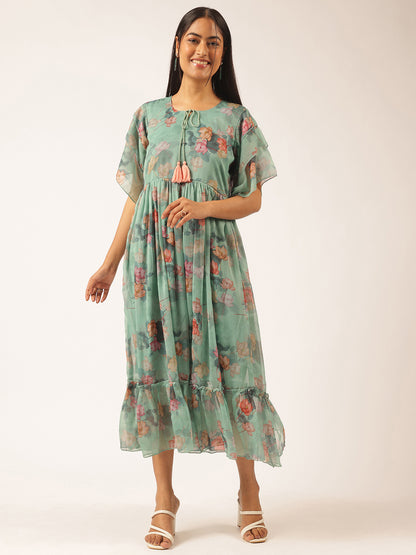 Aqua Green Floral Printed Anarkali Georgette Stitched Dress