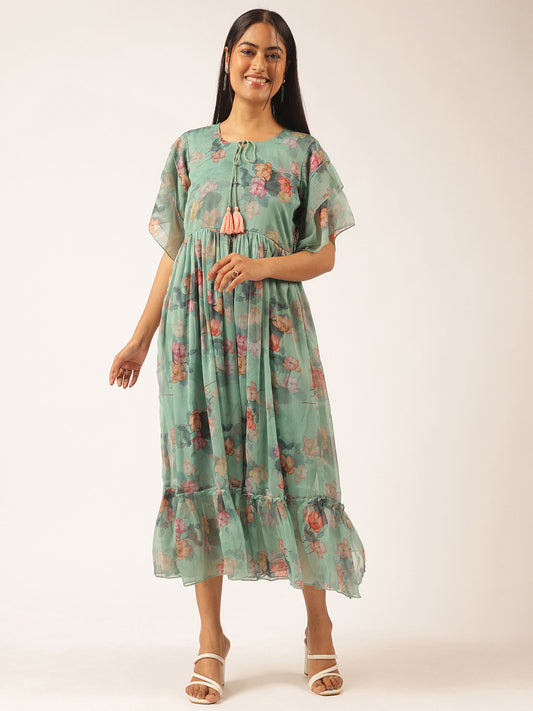 Aqua Green Floral Printed Anarkali Georgette Stitched Dress