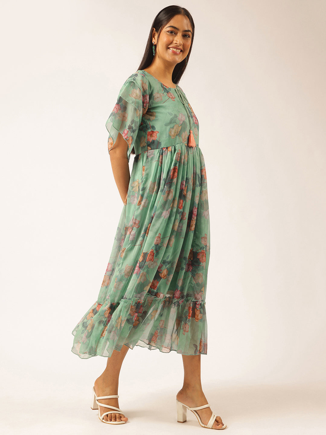 Aqua Green Floral Printed Anarkali Georgette Stitched Dress