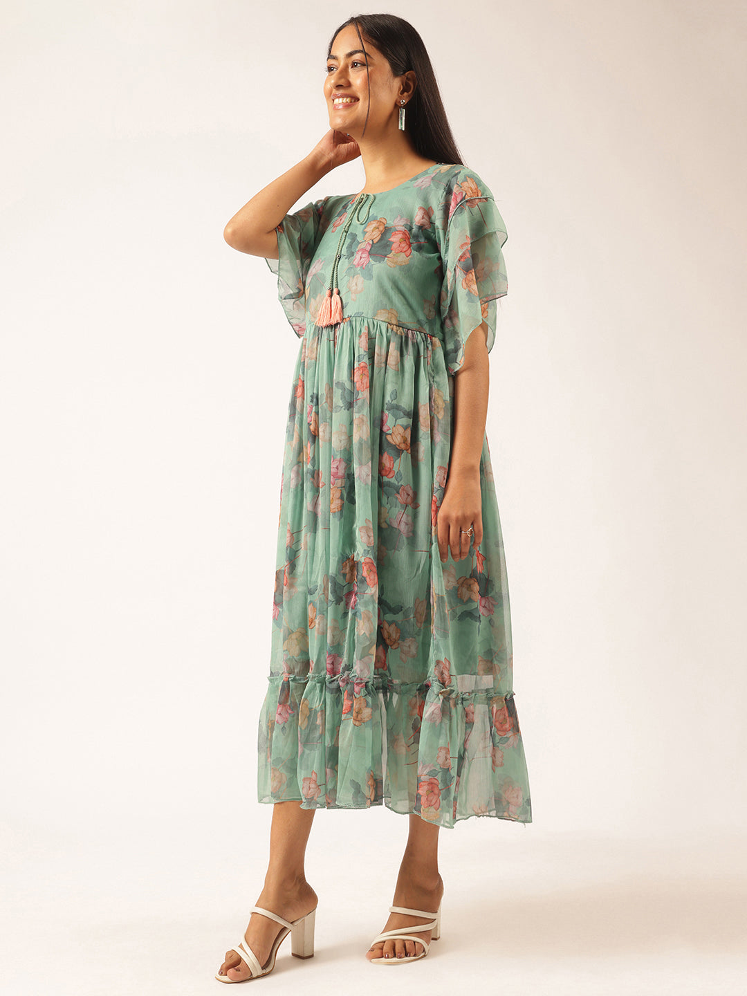 Aqua Green Floral Printed Anarkali Georgette Stitched Dress