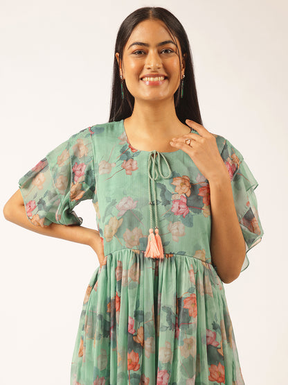 Aqua Green Floral Printed Anarkali Georgette Stitched Dress