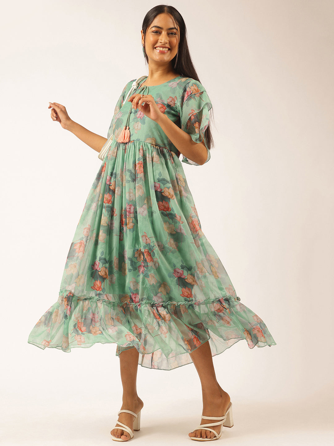 Aqua Green Floral Printed Anarkali Georgette Stitched Dress