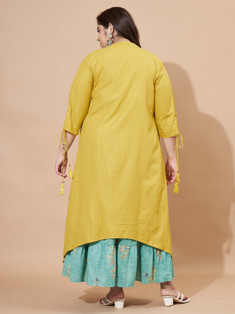 Mustard Printed & Embroidered Viscose Rayon Anarkali Stitched Kurta With Shrug