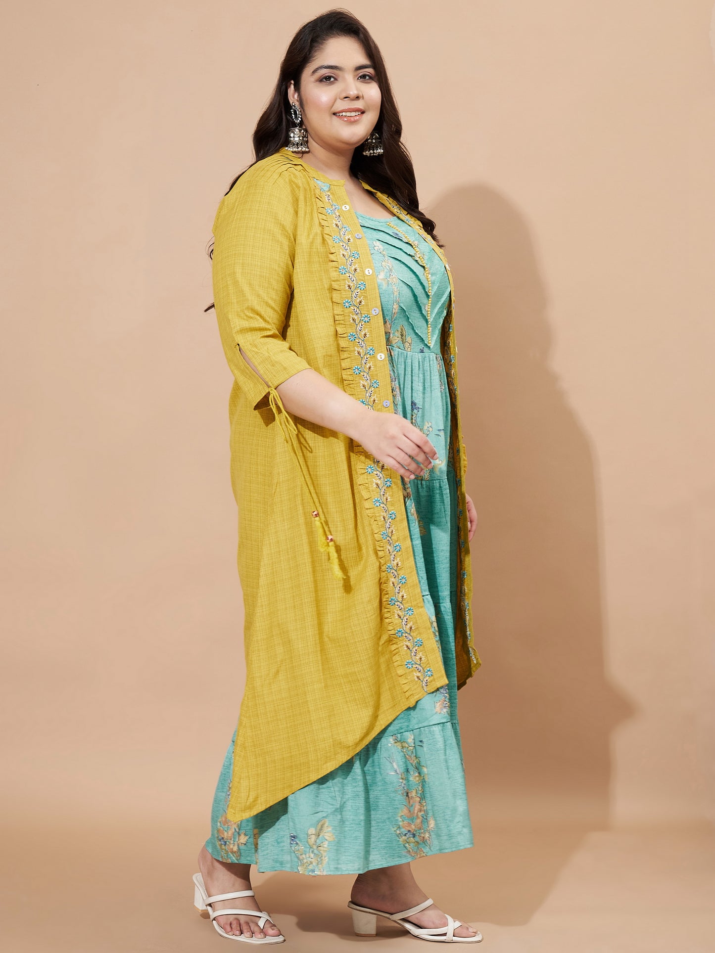 Mustard Printed & Embroidered Viscose Rayon Anarkali Stitched Kurta With Shrug