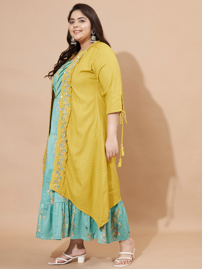 Mustard Printed & Embroidered Viscose Rayon Anarkali Stitched Kurta With Shrug