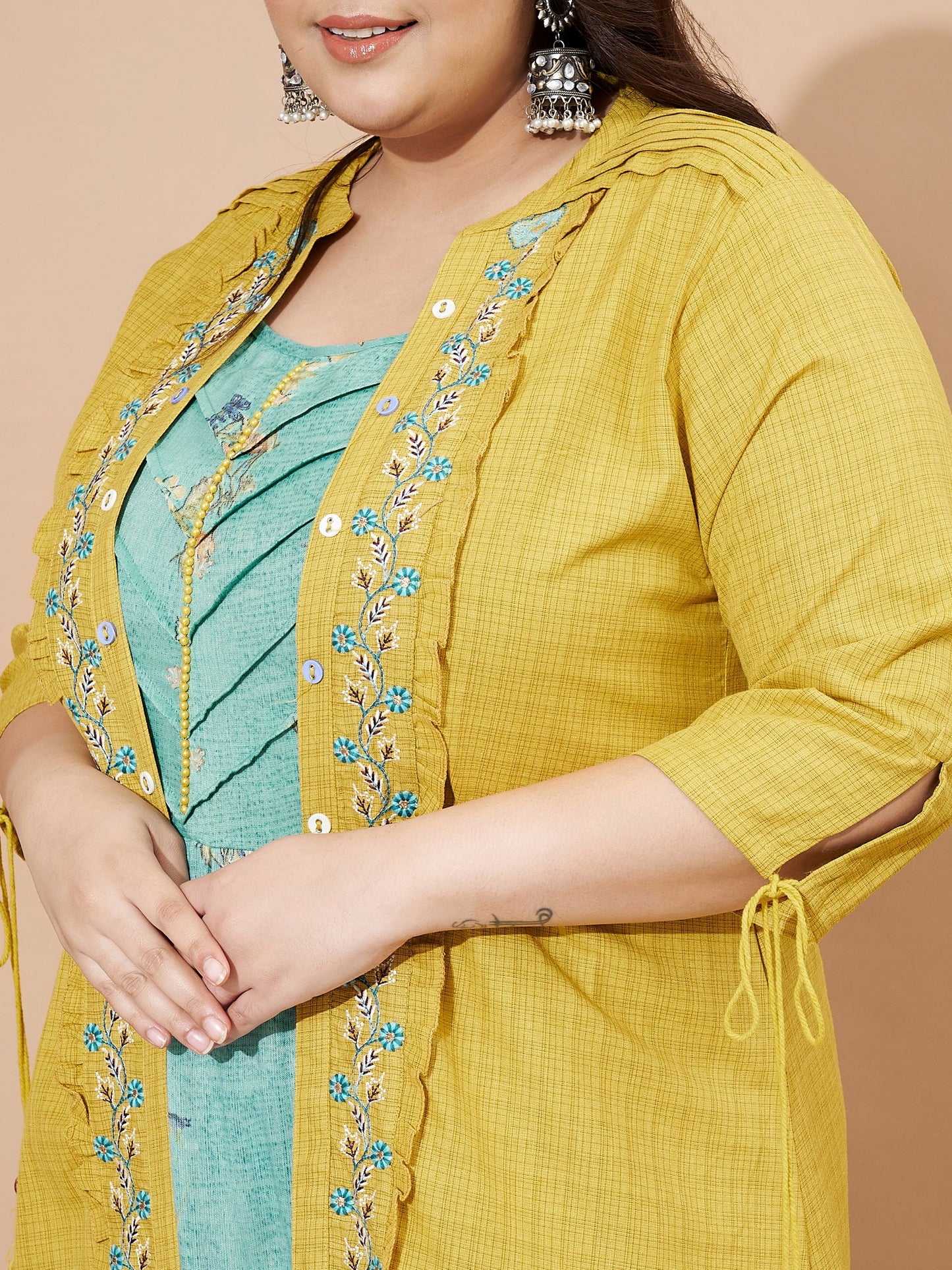 Mustard Printed & Embroidered Viscose Rayon Anarkali Stitched Kurta With Shrug