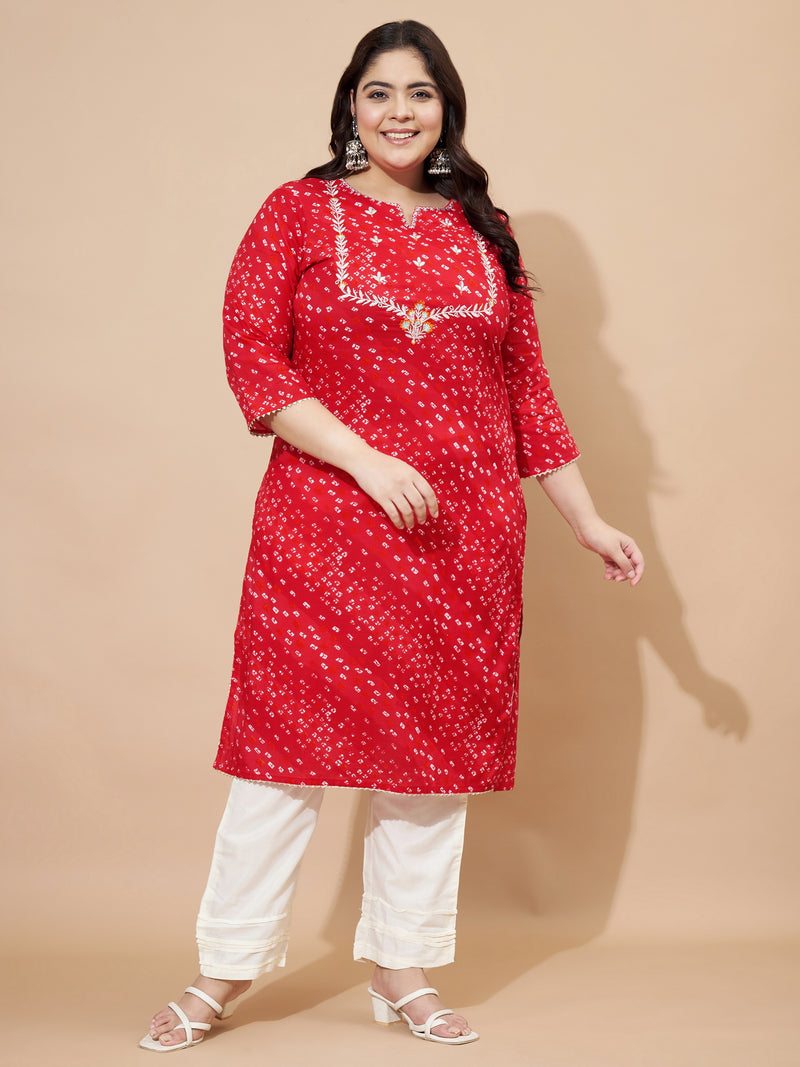 Red Bandhani Print & Embroidered Straight Cotton Kurta