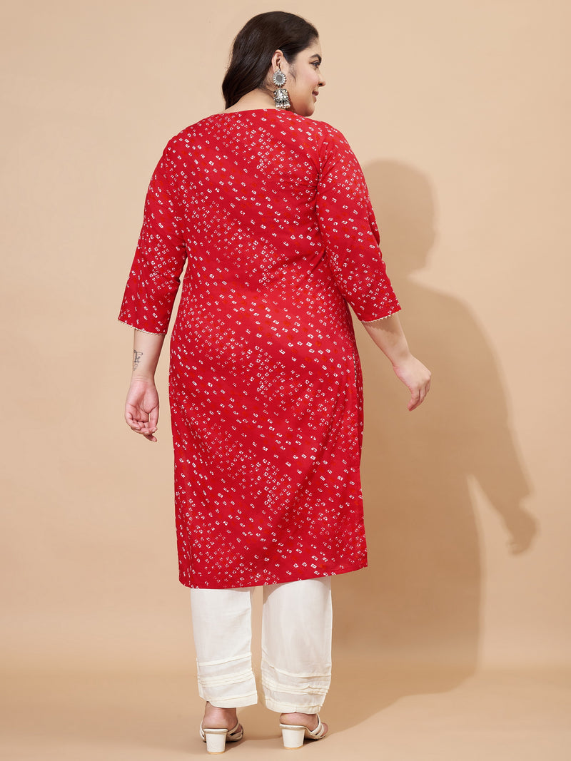 Red Bandhani Print & Embroidered Straight Cotton Kurta