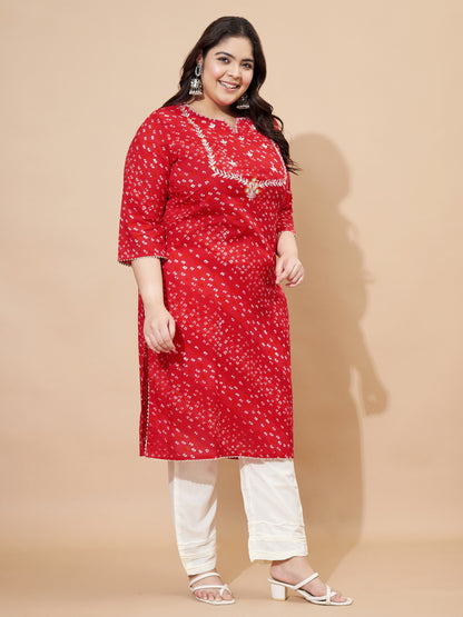 Red Bandhani Print & Embroidered Straight Cotton Kurta