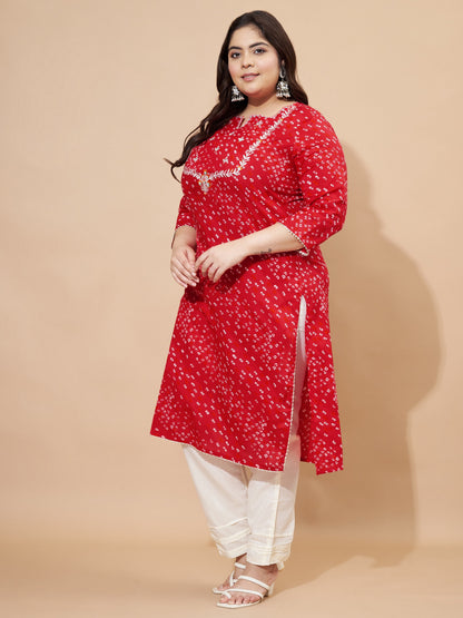 Red Bandhani Print & Embroidered Straight Cotton Kurta