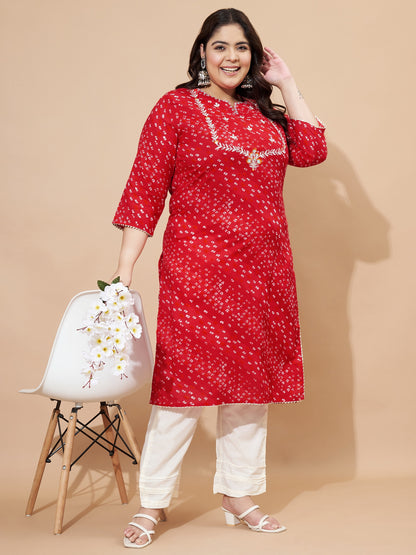 Red Bandhani Print & Embroidered Straight Cotton Kurta