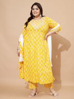 Yellow Embellished & Gotta Patti Lace A-Line Cotton Kurta Set