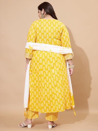 Yellow Embellished & Gotta Patti Lace A-Line Cotton Kurta Set