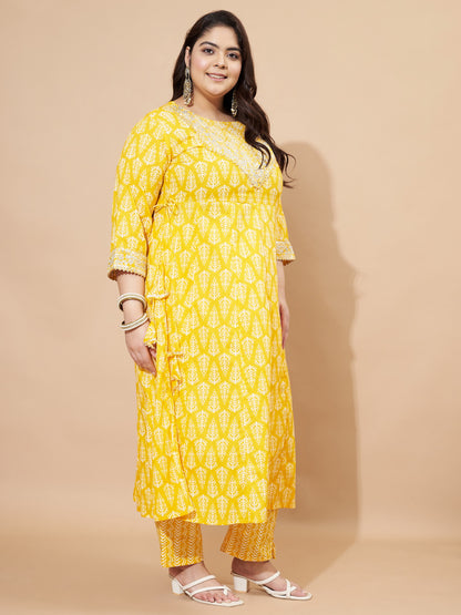 Yellow Embellished & Gotta Patti Lace A-Line Cotton Kurta Set