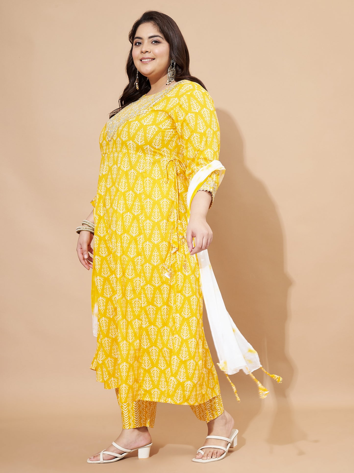 Yellow Embellished & Gotta Patti Lace A-Line Cotton Kurta Set