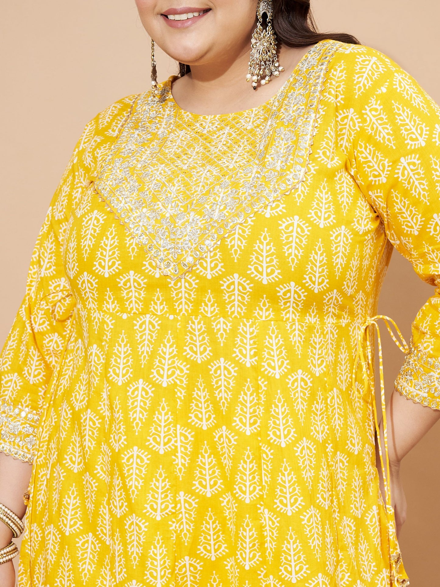 Yellow Embellished & Gotta Patti Lace A-Line Cotton Kurta Set