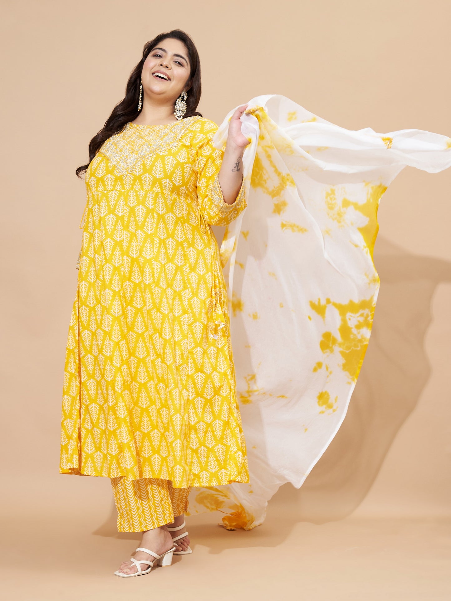 Yellow Embellished & Gotta Patti Lace A-Line Cotton Kurta Set