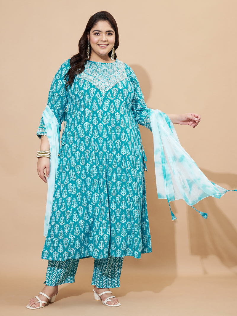 Sky Blue Embellished & Gotta Patti Lace A-Line Cotton Kurta Set